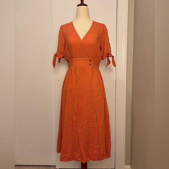 Lulus Dresses & Skirts - Lulus Sunshine Dreamer Coral Pink Striped Wrap Midi Dress Size S